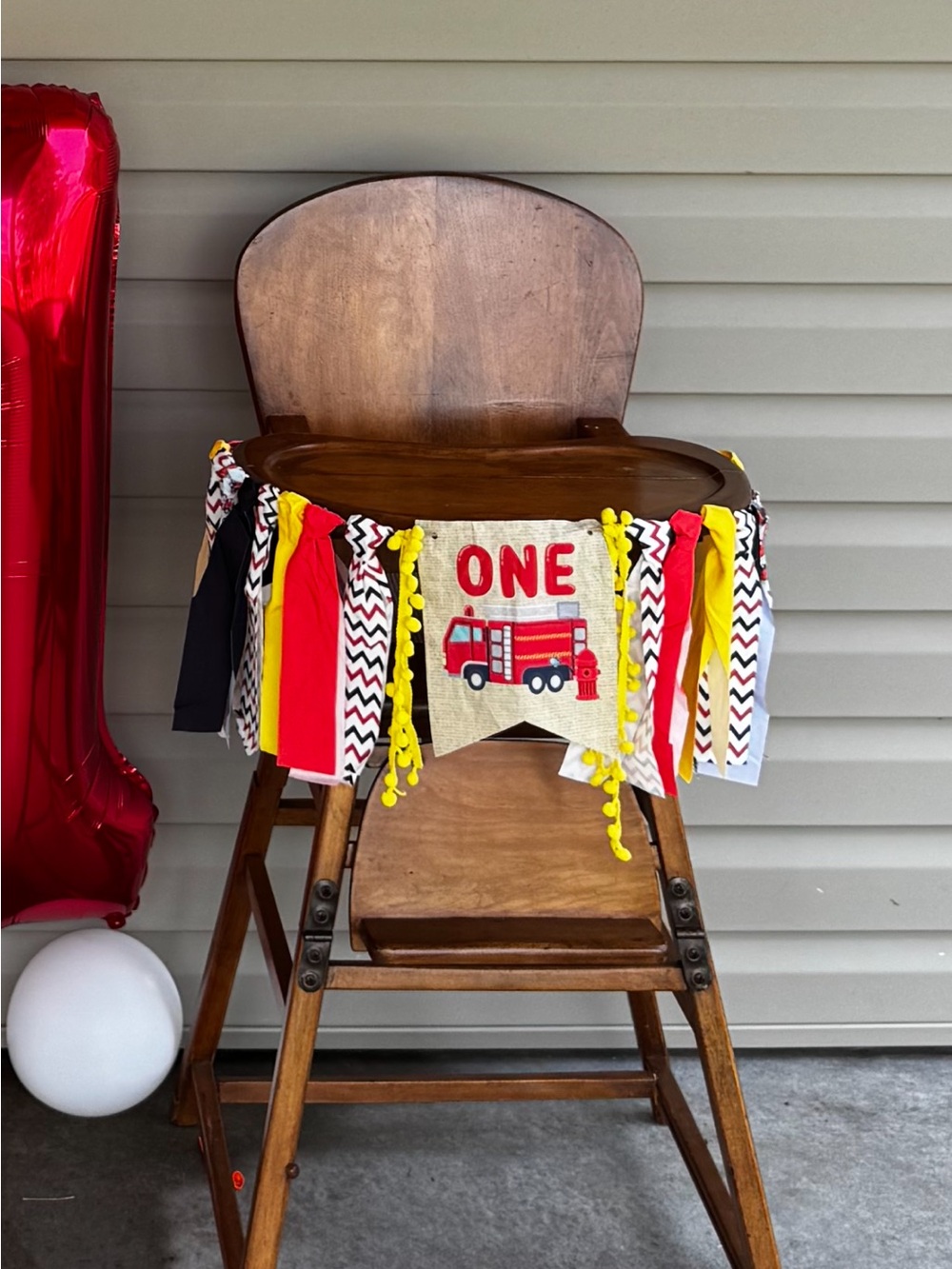 Birthday High Chair Banner - One Fire Truck Design in Red, Yellow, Black